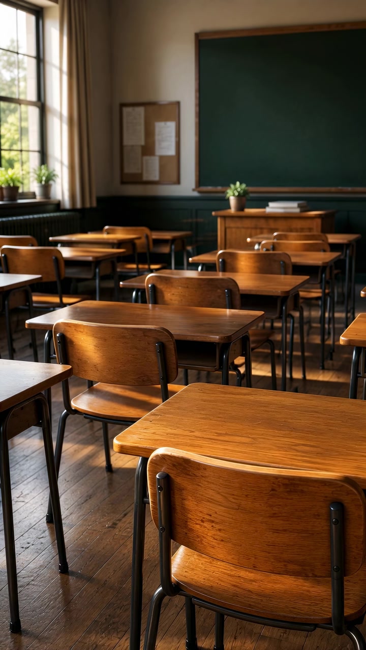 Interno di un'aula scolastica tranquilla con file di banchi in legno per studenti, una grande lavagna sulla parete destra, finestre con tende sulla sinistra e una luce naturale soffusa.