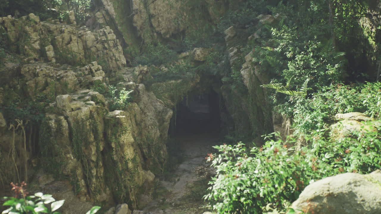 Dark rocky cave silent mossy border surrounds mysterious cave opening