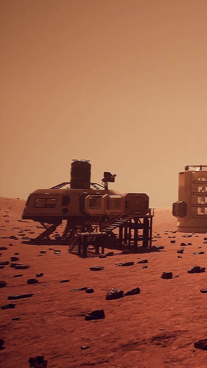 Utforskning av Mars-overflaten med rover og habitatstrukturer i skumringen