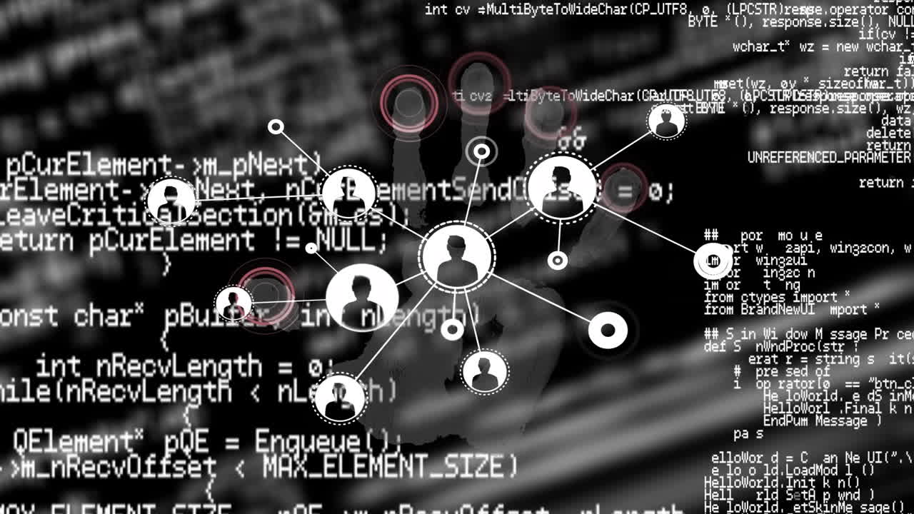 Animation of data processing and network of connections over biometric handprint