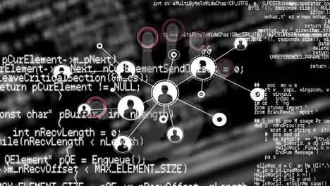 animation of data processing and network of connections over biometric handprint