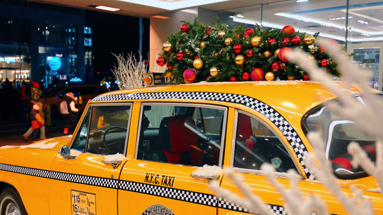 New York, USA, 5 December 2025: Vintage Yellow Taxi Decorated for Christmas Close-up. A detailed side view of the vintage yellow taxi highlights the checkered stripe and the Christmas tree on the roof