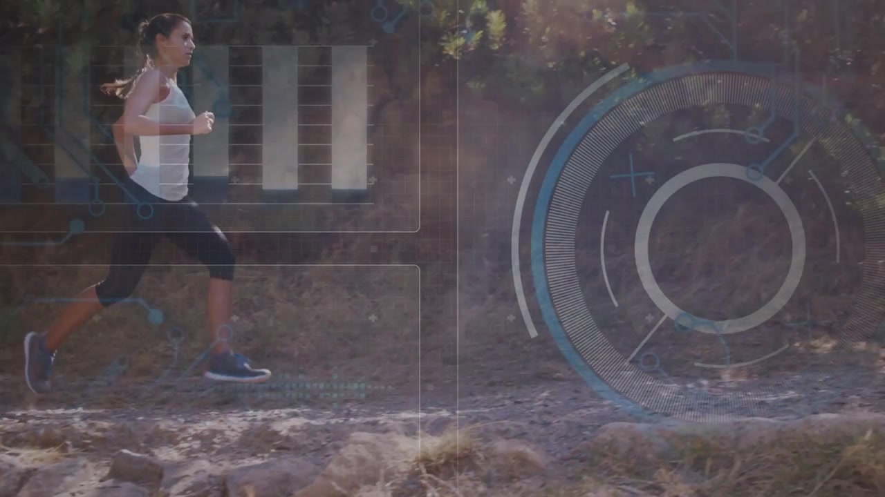 Woman starting stride running rocky trail HUD circle appearing with sunlight enhancing fitness data