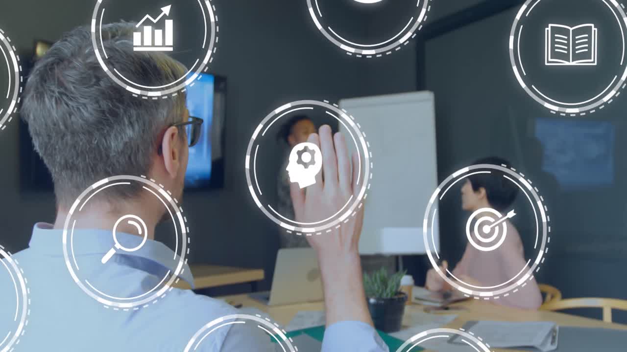 animación de iconos de negocios sobre diversas personas de negocios en una reunión en la oficina