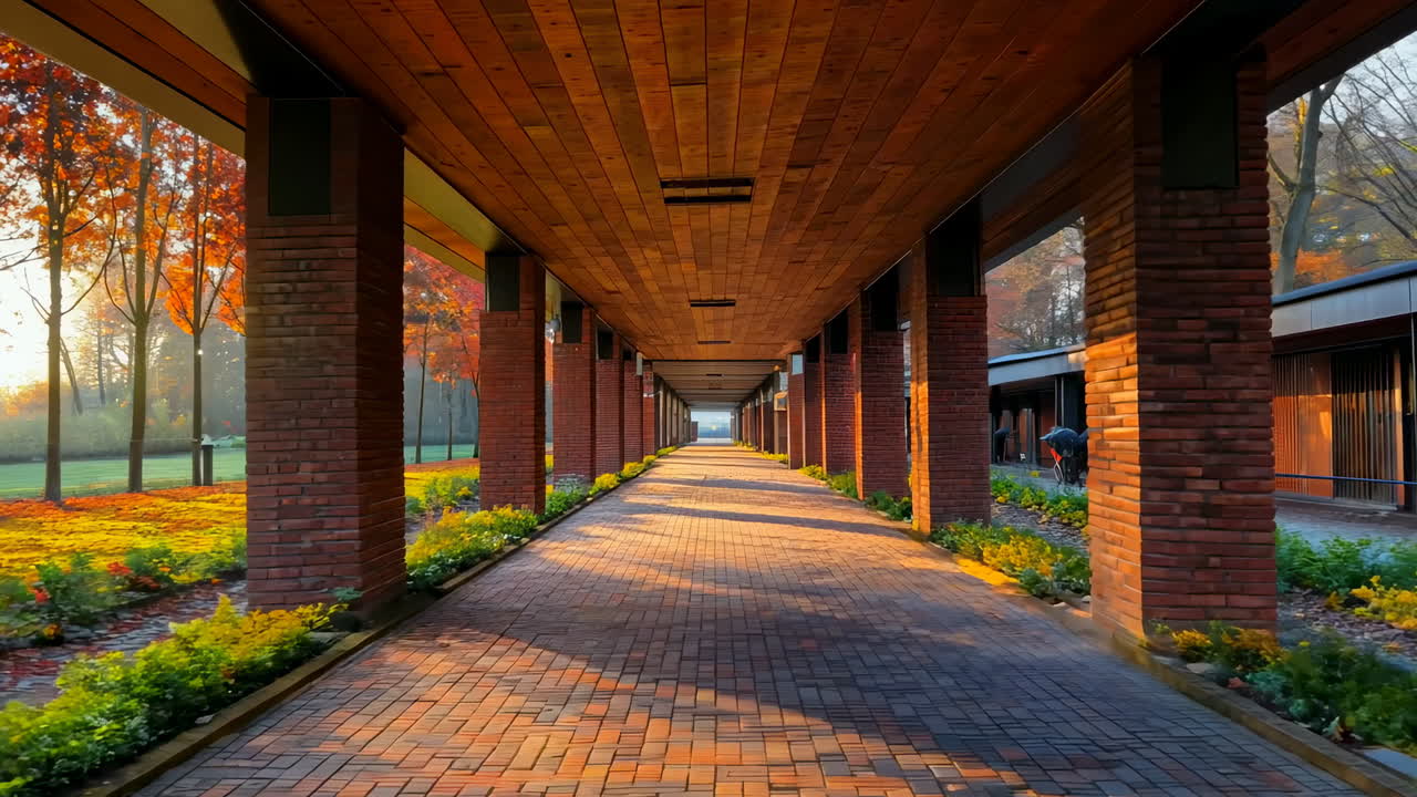 Autumn Morning Walk in Scenic Park With Brick Pathway and Sunlit Trees. A serene pathway lined with trees provides a peaceful autumn stroll, bathed in warm morning light and surrounded by vibrant foliage.