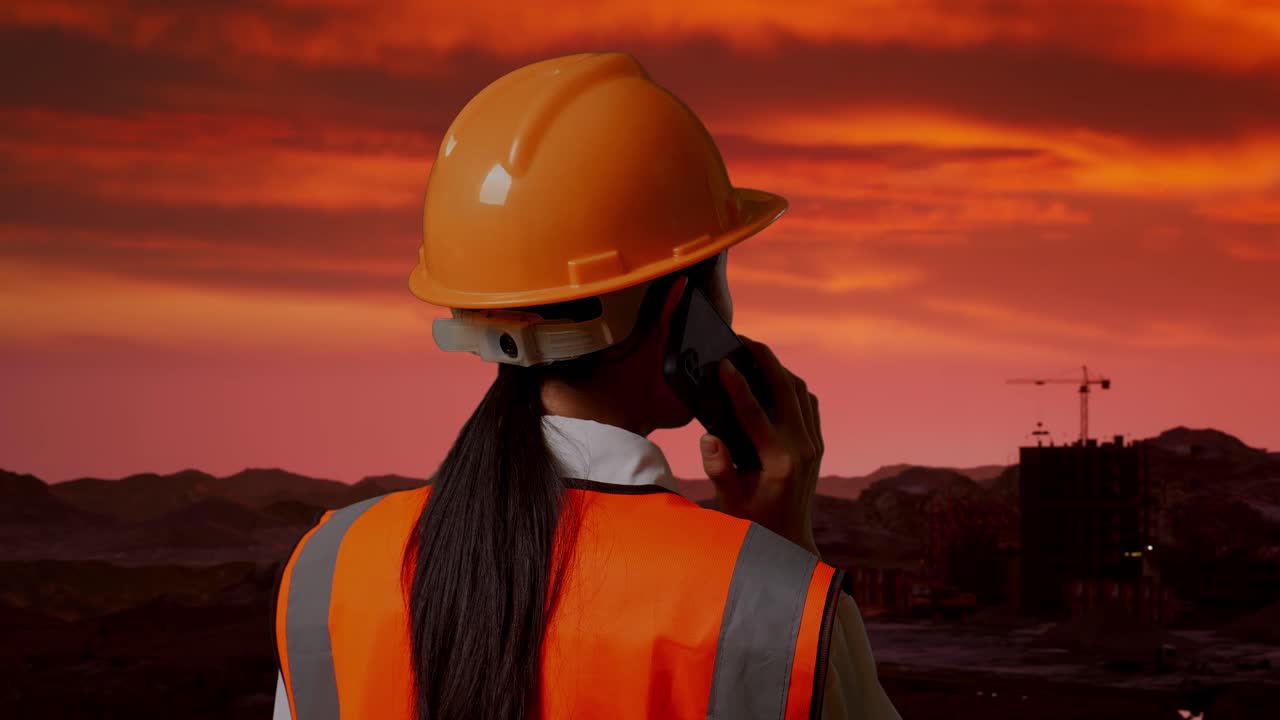 ingeniera en el sitio de construcción al atardecer