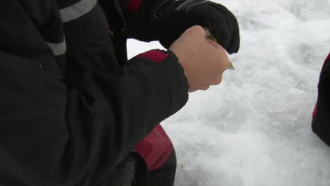 un hombre está sacando un gancho de los peces durante la pesca en el hielo