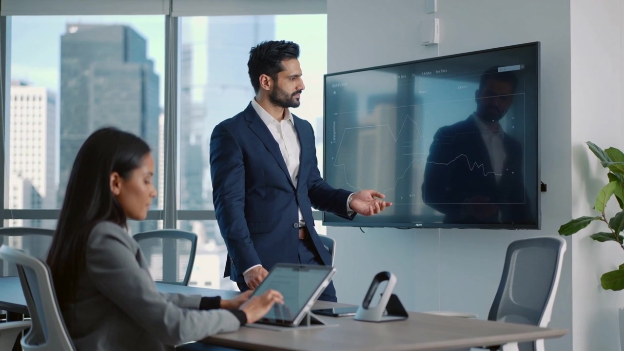 Pointing male presenter in navy suit reacting to line graph in high-floor meeting room, tablet
