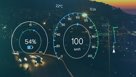animación de números cambiantes en velocímetros time-lapse de vehículos en movimiento y silueta de la ciudad