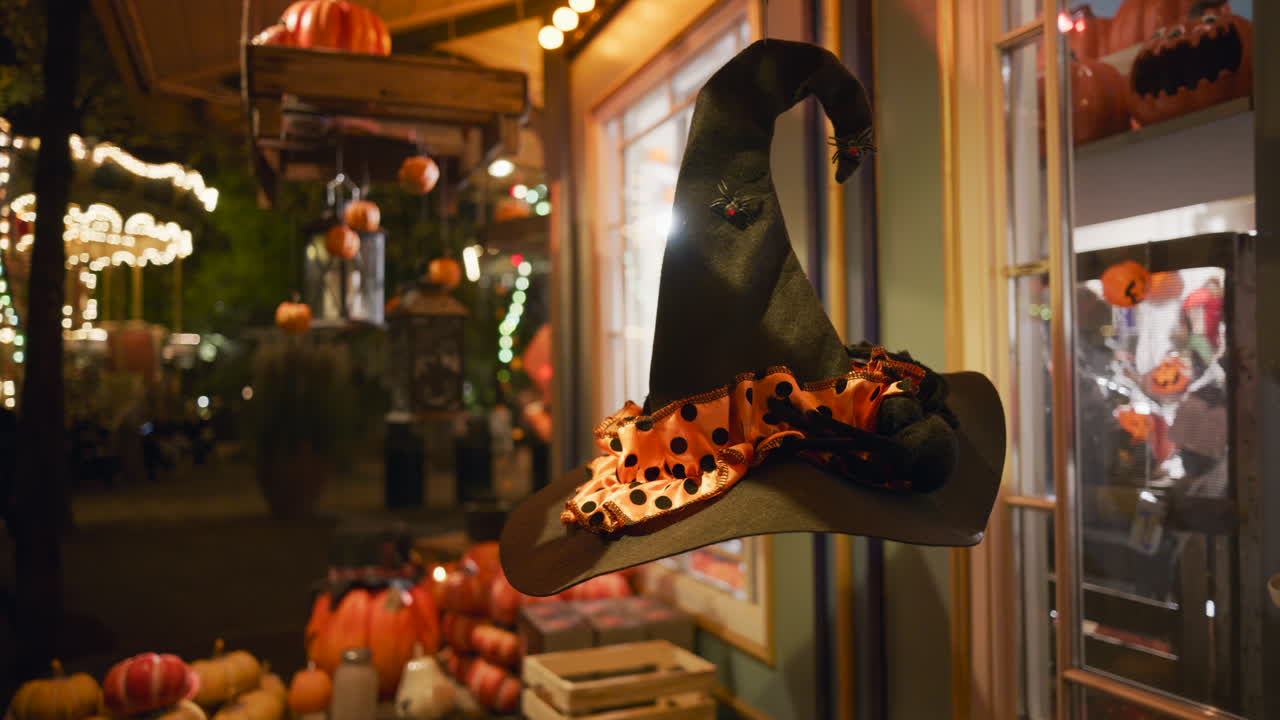 Halloween decorations in the Tivoli Gardens amusement park in Copenhagen, Denmark at night