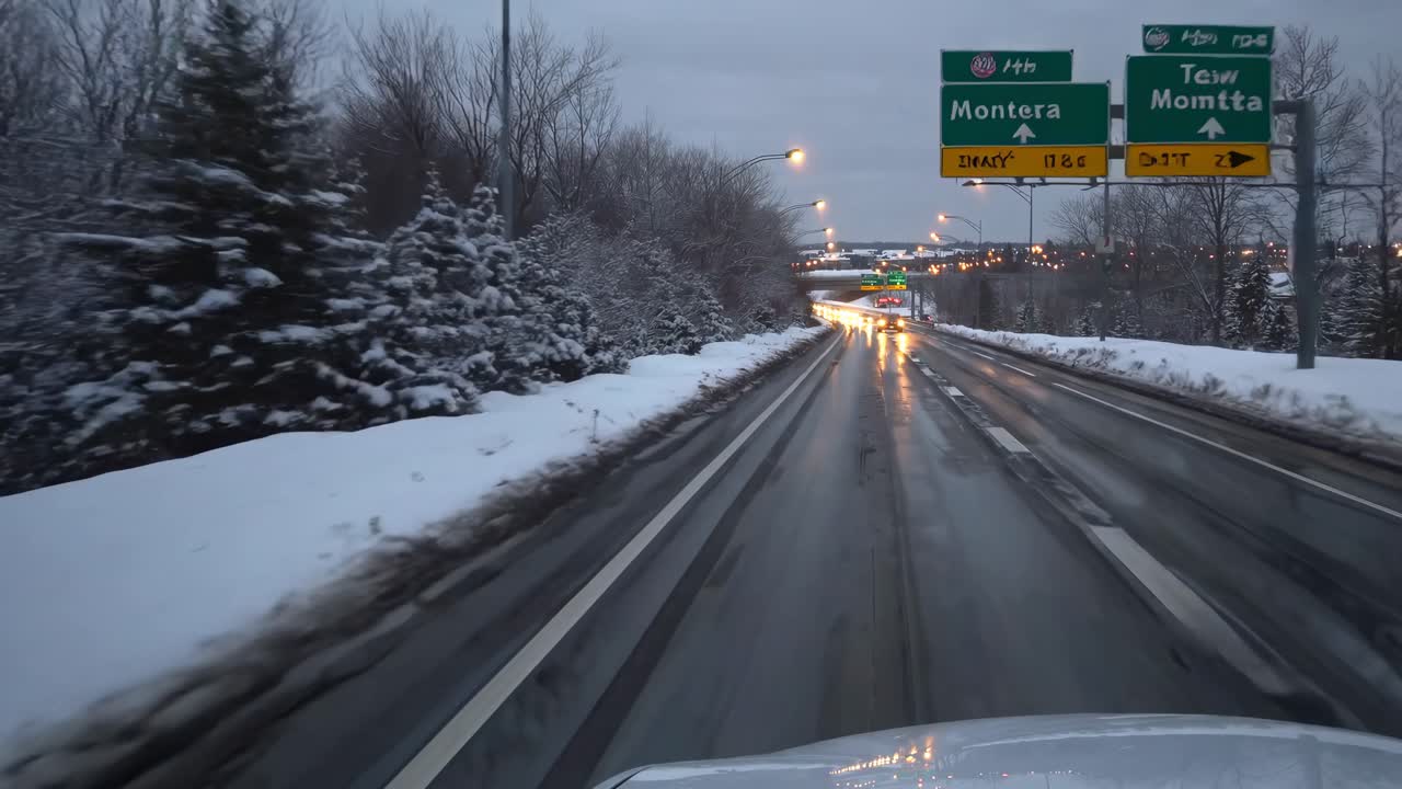 Dashcam video captures a snowy highway at dusk, with a low-angle view showing illuminated road signs