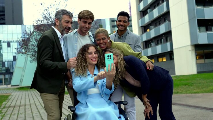 Gruppo di persone che scattano un selfie all'aperto