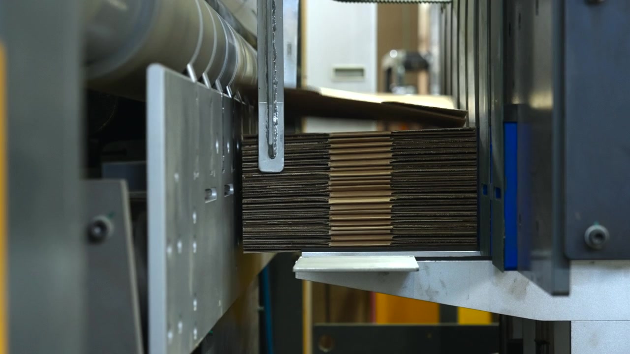 Stacked corrugated cardboard blanks advance between metal guide rails inside automated packaging machinery, surrounded by brushed steel parts, rollers, and structural panels in bright factory light.