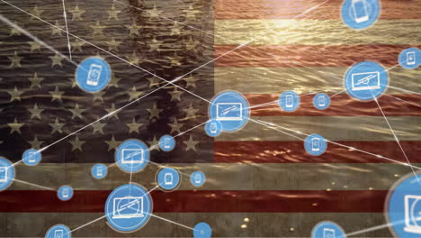 animación de la red de iconos de los medios sobre la bandera de américa y el mar del atardecer