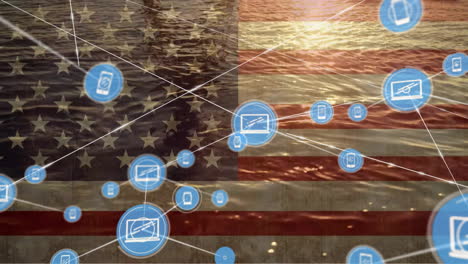 animation of network of media icons over flag of america and sunset sea