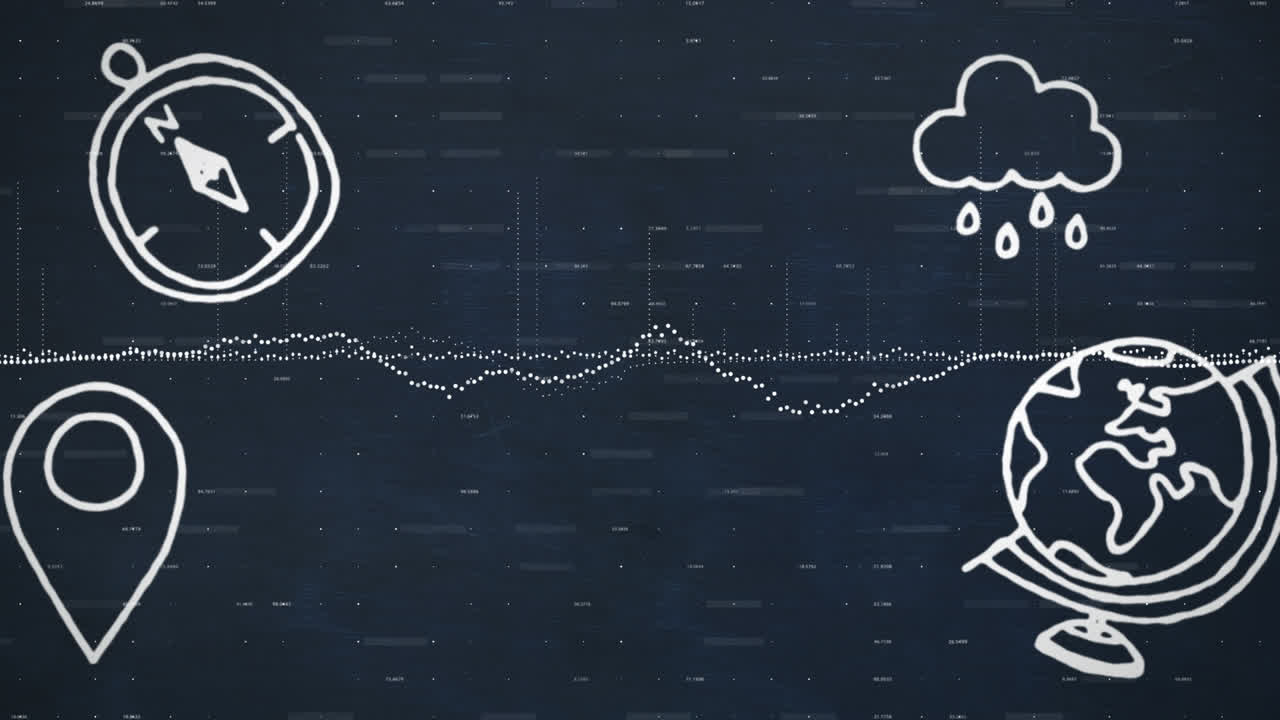 Animation of icons over data processing on black background