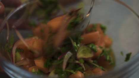 Person-stirring-healthy-bowl-with-salmon-and-vegetables