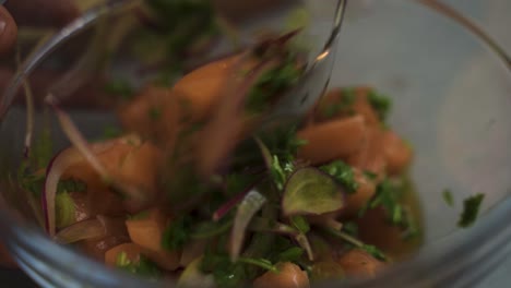 persona revolviendo tazón saludable con salmón y verduras