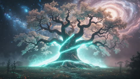 mystical glowing tree under a cosmic night sky