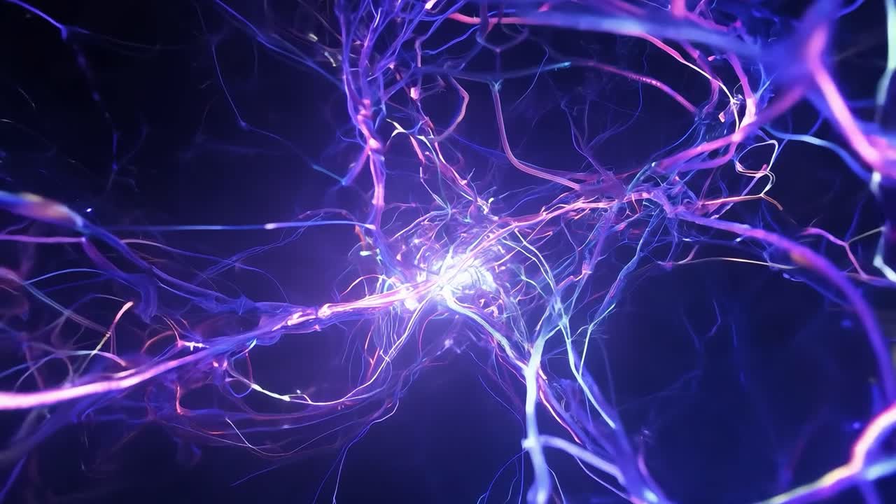 Plasma energy flows through a neuron network against a black background, illustrating connections and communication within the brain