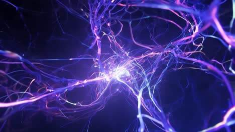 plasma energy flows through a neuron network against a black background, illustrating connections and communication within the brain