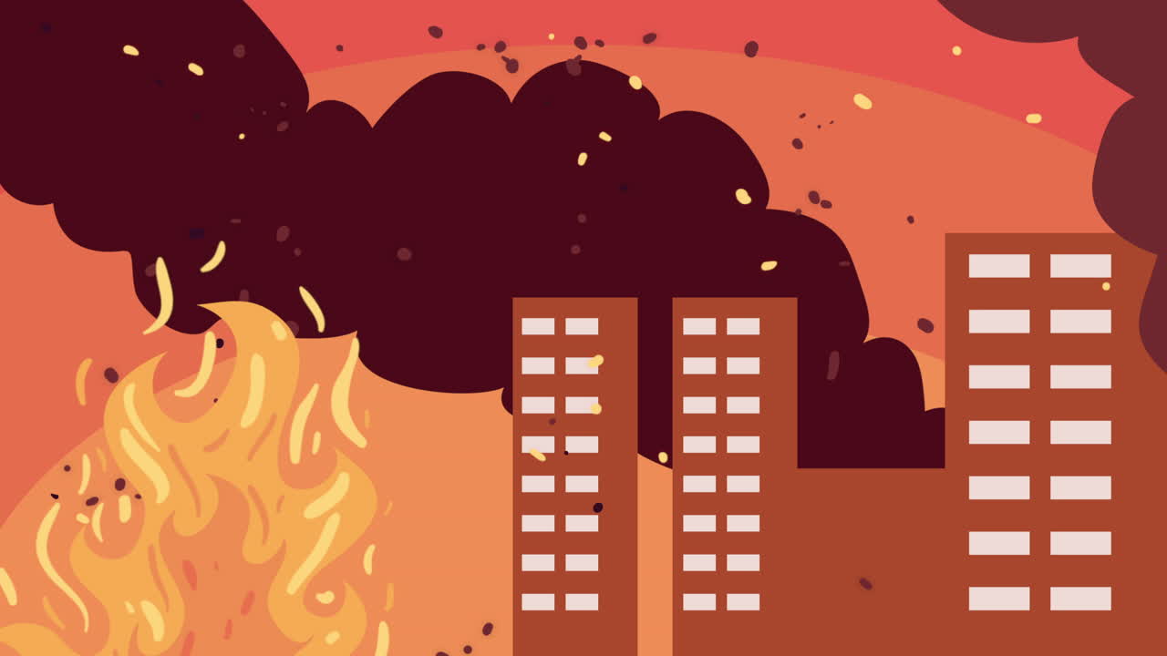도시 건물의 화재 장면 애니메이션