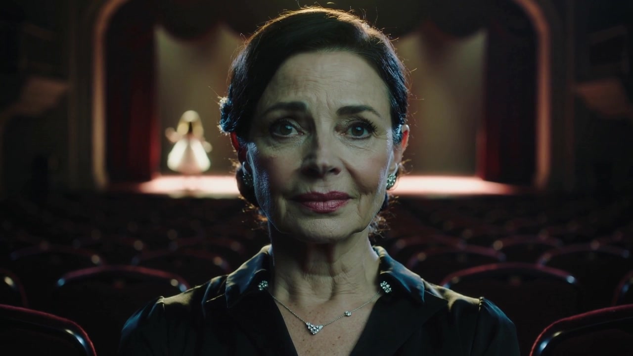 Ser på eldre kvinne som smiler til en utøver som beveger seg på scenen i et dempet teater, iført anheng.