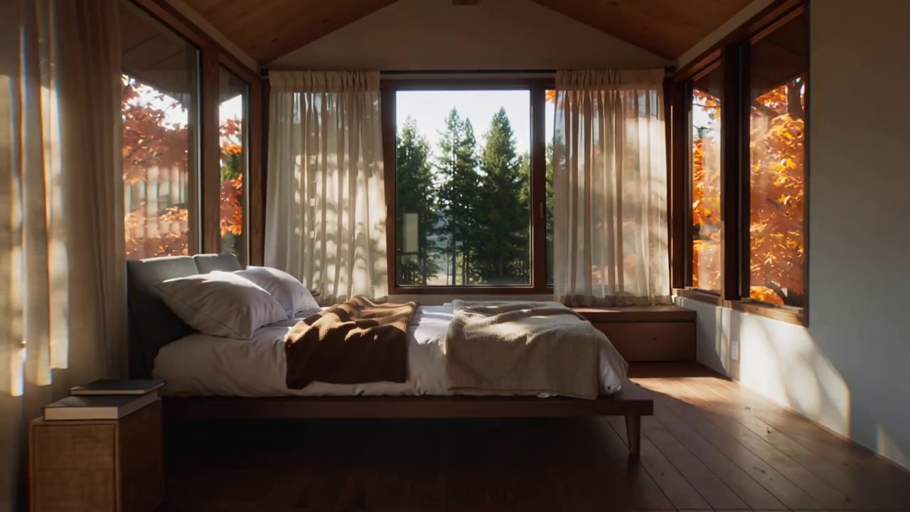 Camera pulling back revealing low wooden bed under window in cabin, book on bench showing sunlight