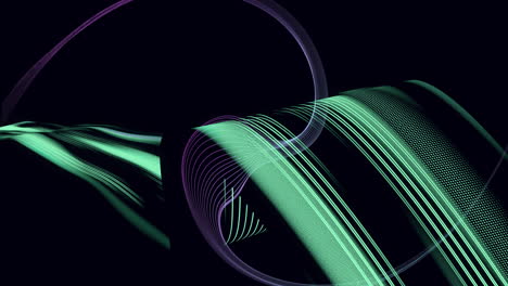 animation of green light trails waving layers on black background