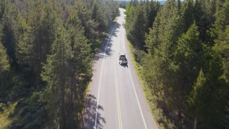 un drone de 4k de un camión conduciendo en una carretera remota rodeada de bosque