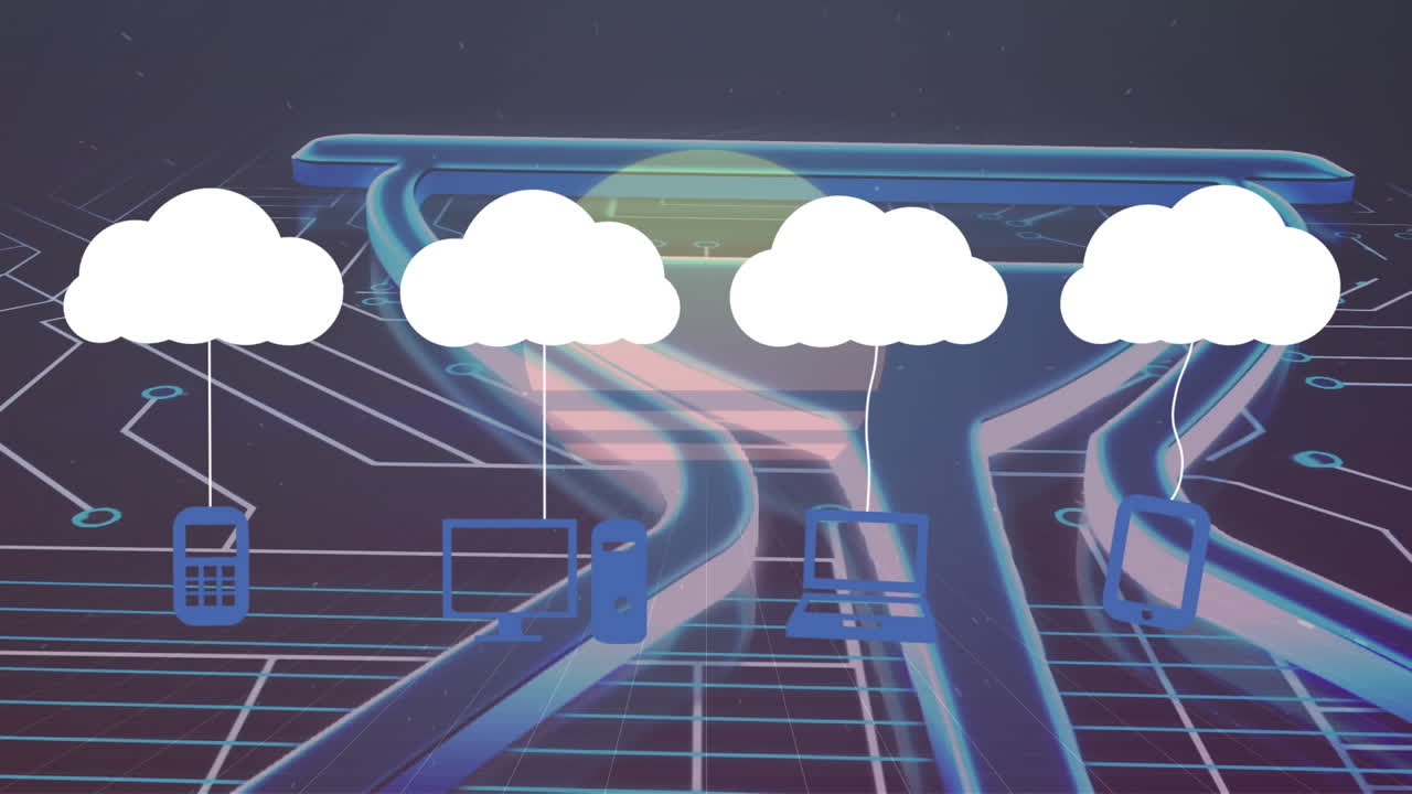 클라우드 및 디지털 아이콘의 애니메이션 및 데이터 처리