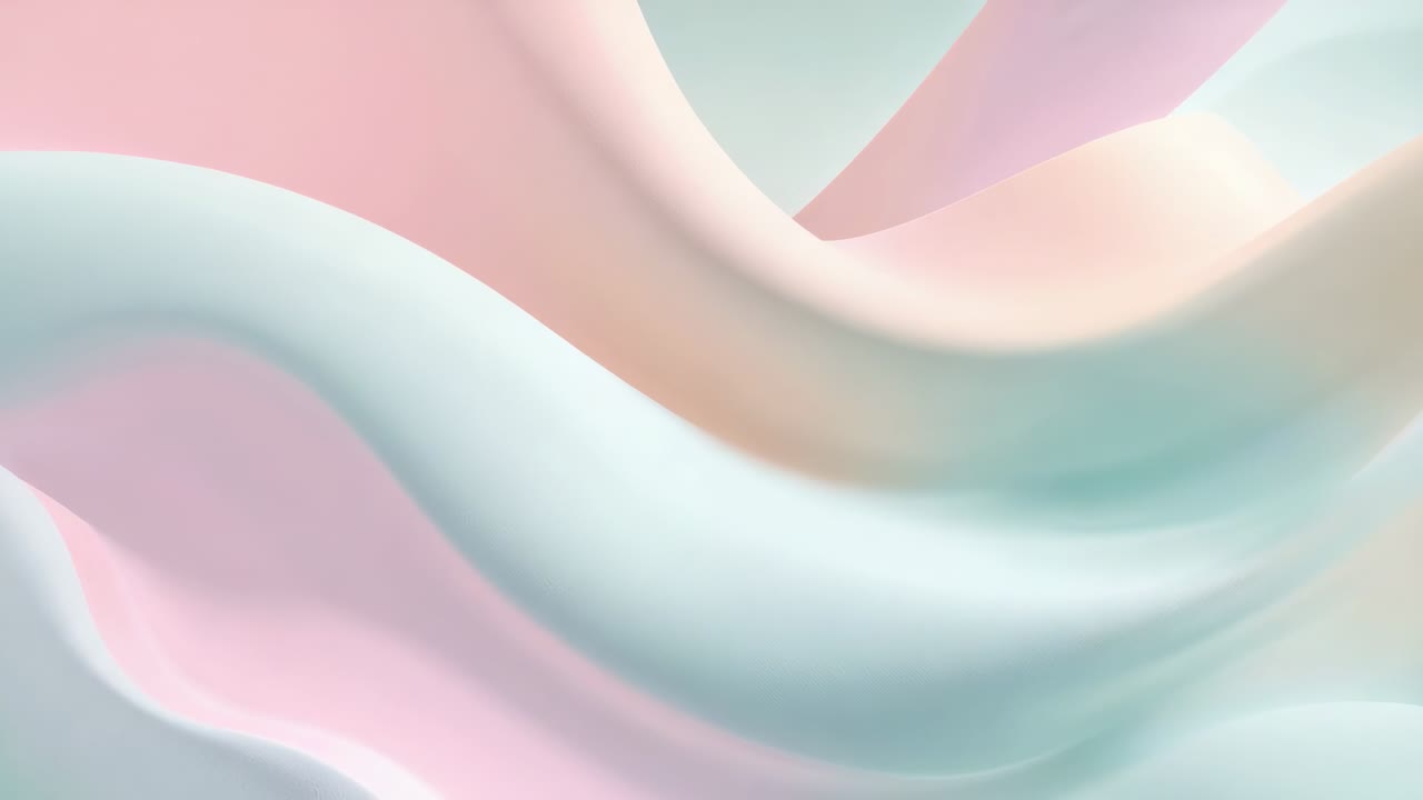 Loop starting, abstract ribbons undulating slowly in CGI scene with pastel gradients for calm loop