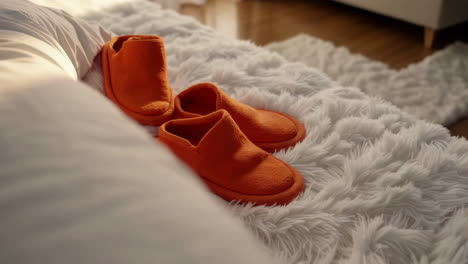 bedroom with bed, slippers, and carpet