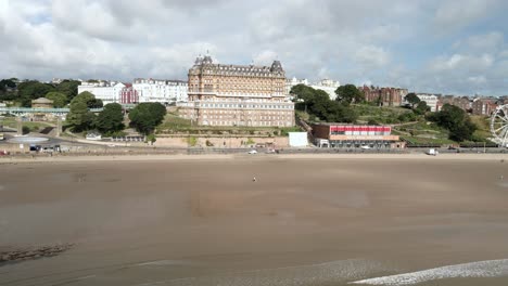 Aerial-bird's-eye-view-of-Scarborough's-Grand-Hotel-and-beach