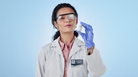 women, scientist and pointing for test bottle