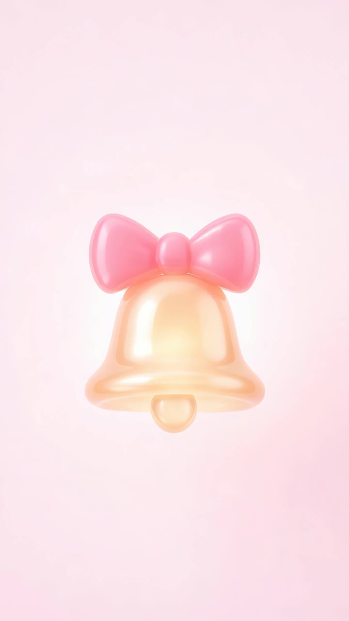 A pastel-colored bell with a pink bow, shot from a low angle. The soft lighting and whimsical style