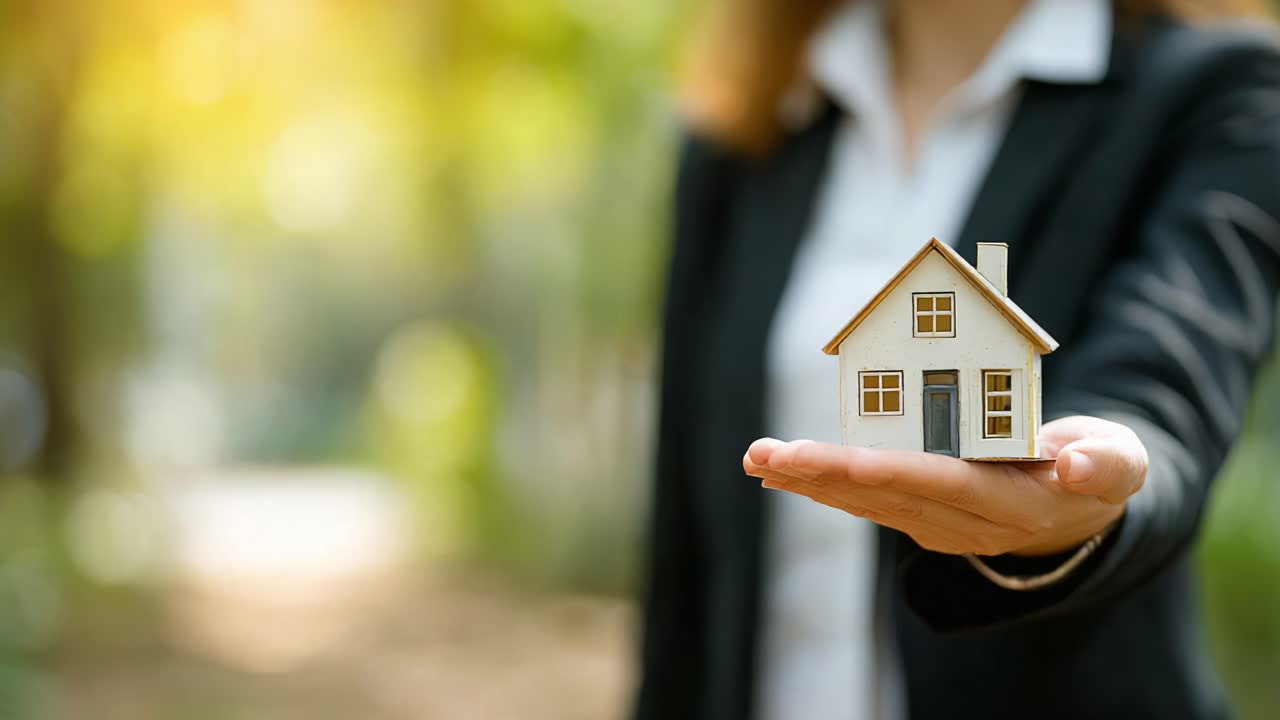 Un Profesional Sosteniendo una Maqueta de Casa en un Entorno Exterior, Representando el Mercado Inmobiliario y los Conceptos de Propiedad de Vivienda