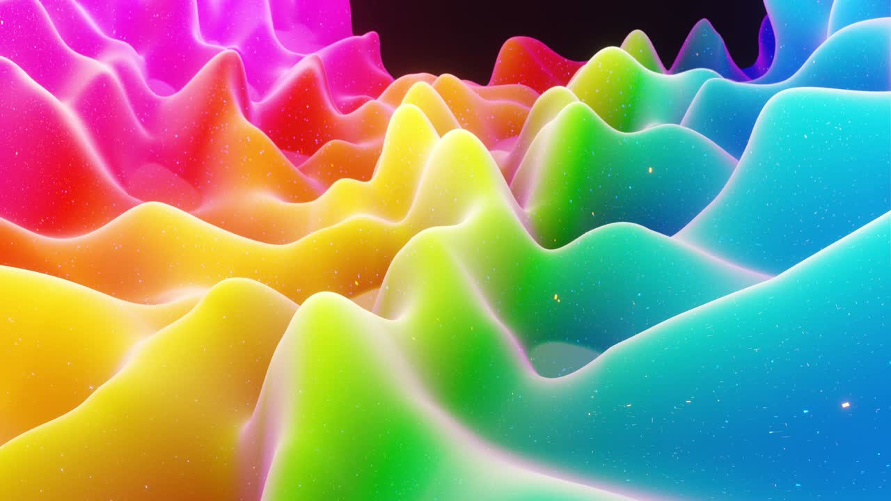 스트루드 또는 디스플레이스 파동으로 아름다운 추상적인 3d 표면은 루프로 변환됩니다. 무지개 그라디언트: 달함이나 마말라드와 같은 부드러운 매트 재료, 가운 내부 빛, 모핑 표면에서 반이는.