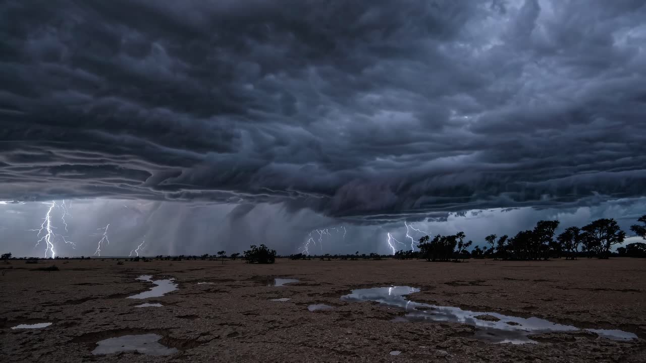 Dramatic wide-angle shot of a stormy sky with swirling clouds and lightning, creating a cinematic