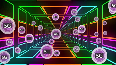 animation of network of connections with 5g text over neon tunnel