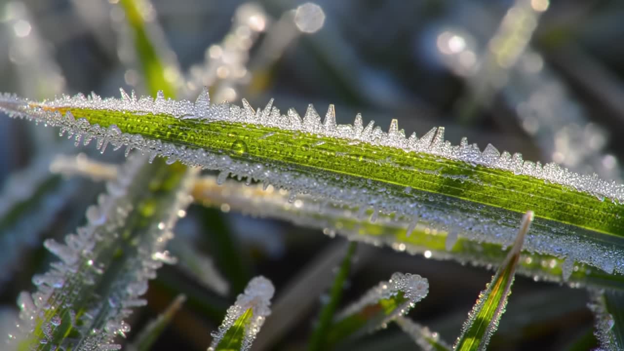 Frosty Grass Blades Shine in Morning Light at a Quiet Park in Winter