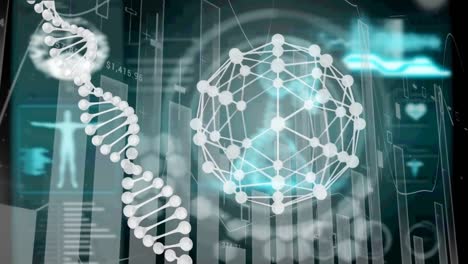 Estructura-Del-ADN-Y-Globo-Girando-Sobre-El-Procesamiento-De-Datos-Estadísticos-Contra-El-Procesamiento-De-Datos-Médicos.