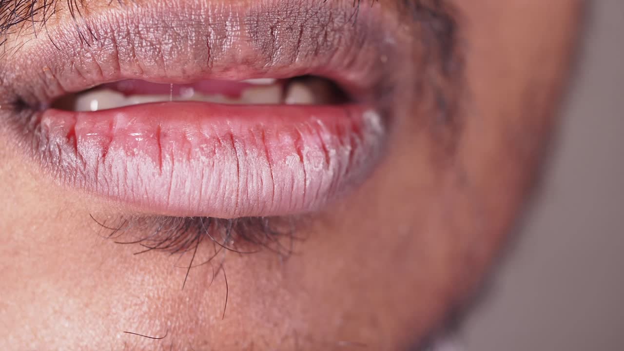 Close-up of a person's mouth and lips showing signs of dry skin and possible lip condition.