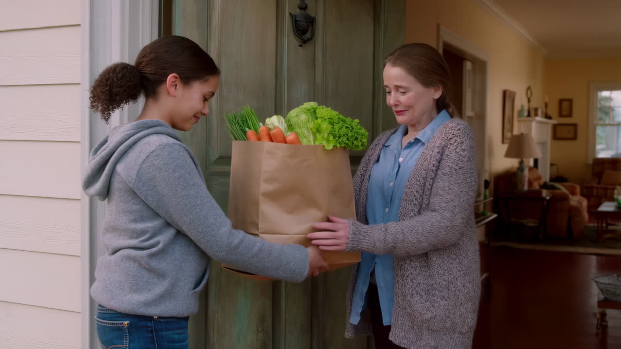 A woman receives groceries from a girl at her door