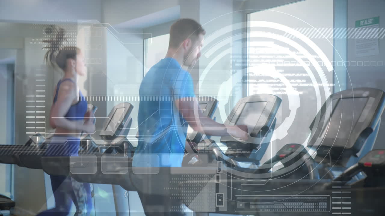 animación del procesamiento de datos con atletas corriendo en cintas de correr