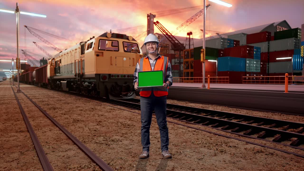 Full Body Of Asian Male Engineer With Safety Helmet Smiling And Showing Green Screen Laptop To The Camera While Standing With Freight Cargo Train At Port