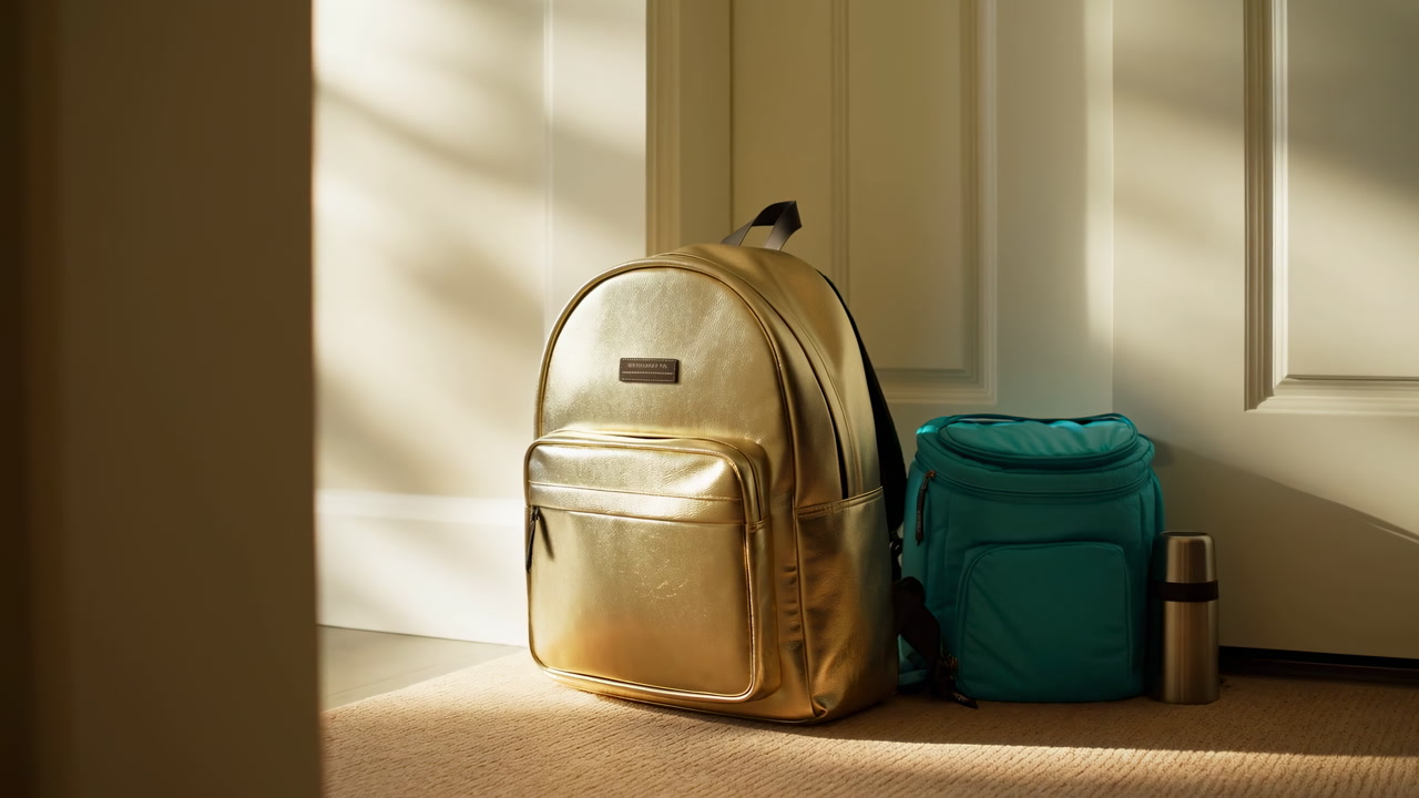 Gold Backpack And Teal Bag Rest Against Closed Door In Sunlit Hall, Soft Shadow Lines Cross Carpet, Stainless