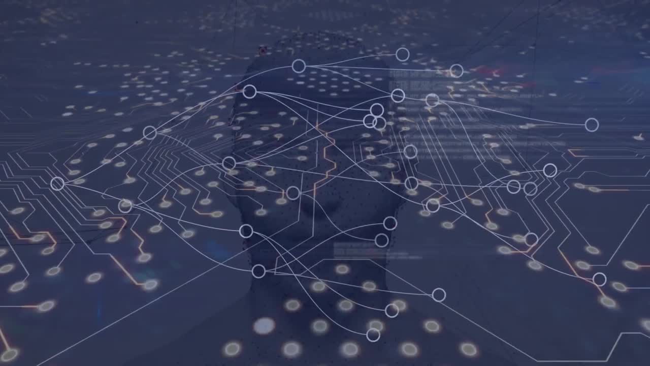 Animation of network of connections and computer circuit board over digital human head
