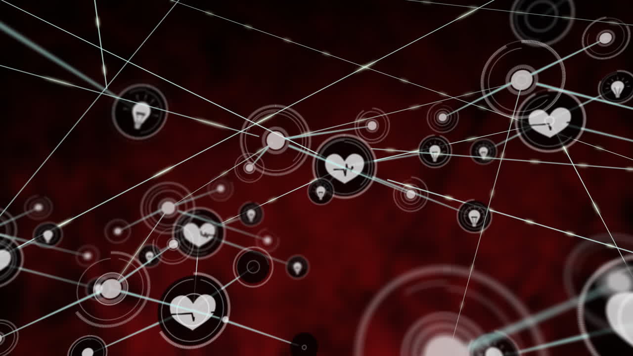 Animation of network of connections with icons over black background