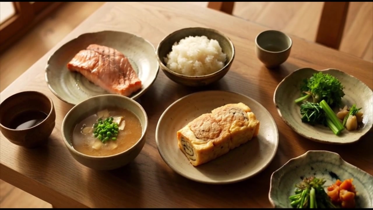 나무 테이블에 차려진 전통 일본식 아침 식사 세트.